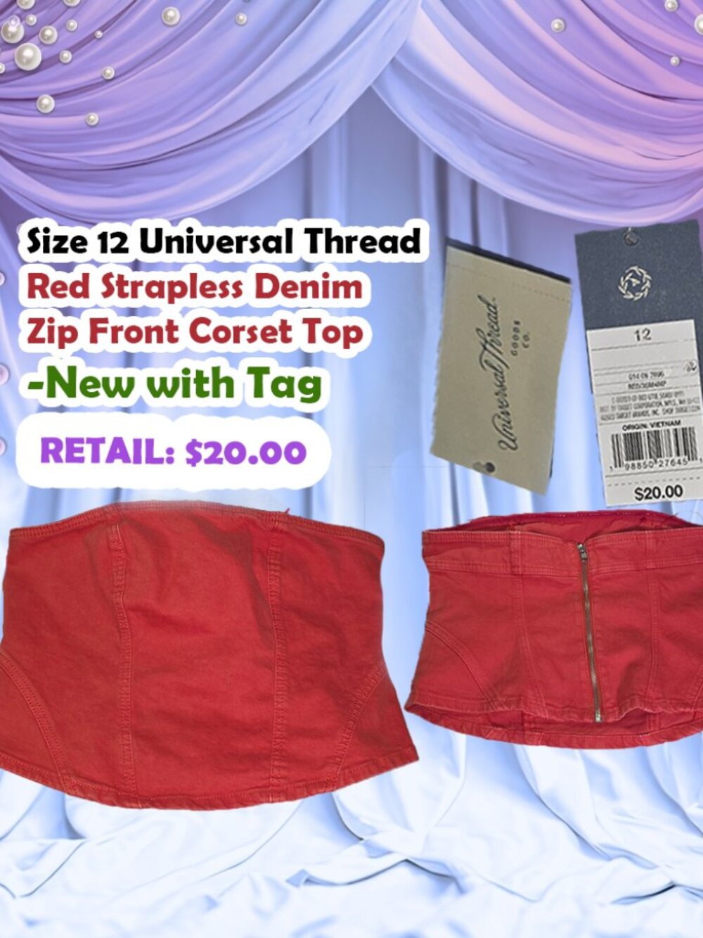 Target Universal Thread Women’s Red Strapless Denim Zip Front Corset Top Sz 12